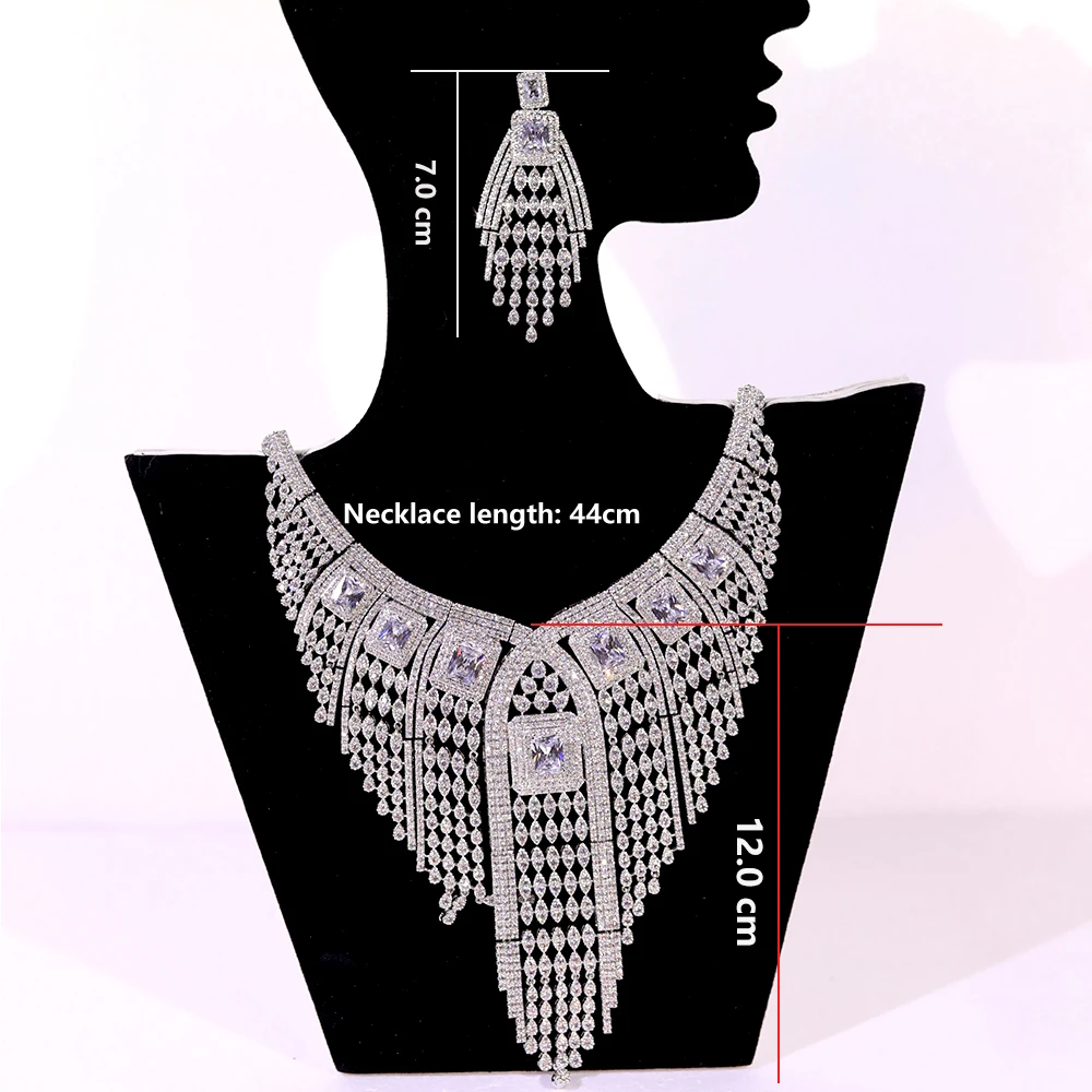 Znane marki Bombastic Fringe Design Wedding Naija Bridal Cubic Zirconia Naszyjnik Kobiety Luksusowa sukienka Dubaj Duży zestaw biżuterii