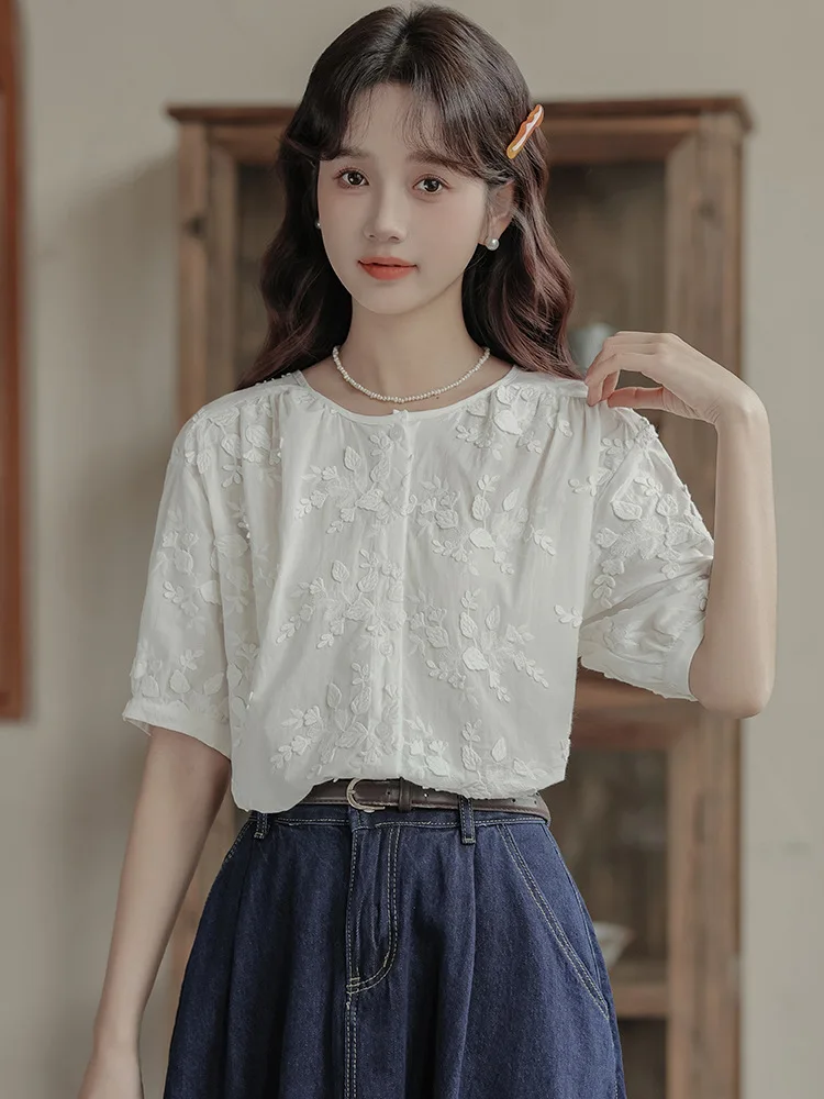 الفرنسية الرجعية المطرزة الجاكار س الرقبة الأبيض قصيرة الأكمام قميص المرأة الصيف عادية فضفاض Harajuku الأدبية أكاديمية على غرار القمم