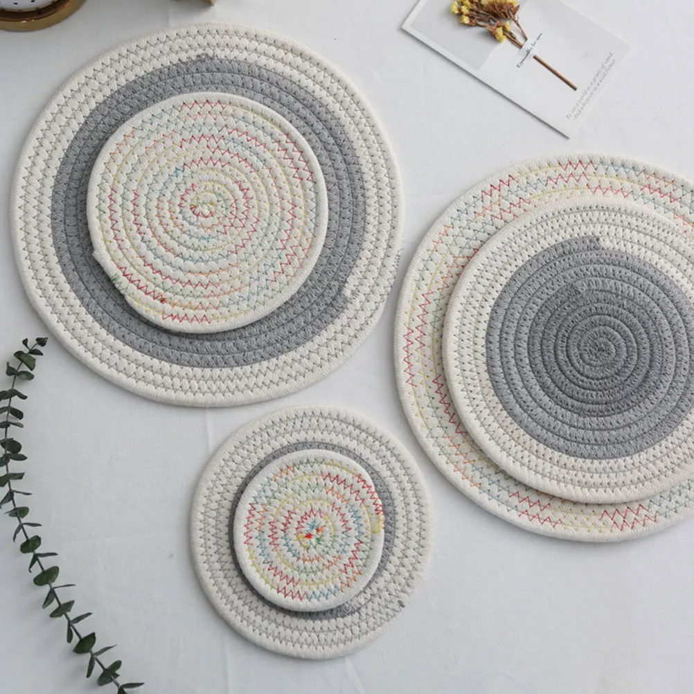 

2Pcs Cotton Rope Placemat Round Shape Heat Insulation Water Absorbent Table Protector No Scratch Gift Cotton Rope Placemat