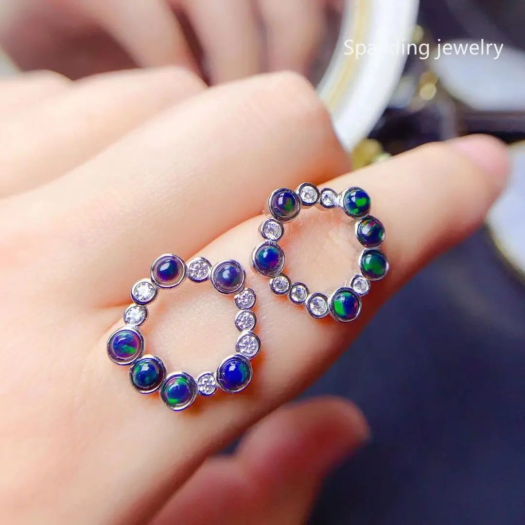 Natural Black Opal Hoop Earrings 925 Sterling Silver Women Luxury Fine Jewelry