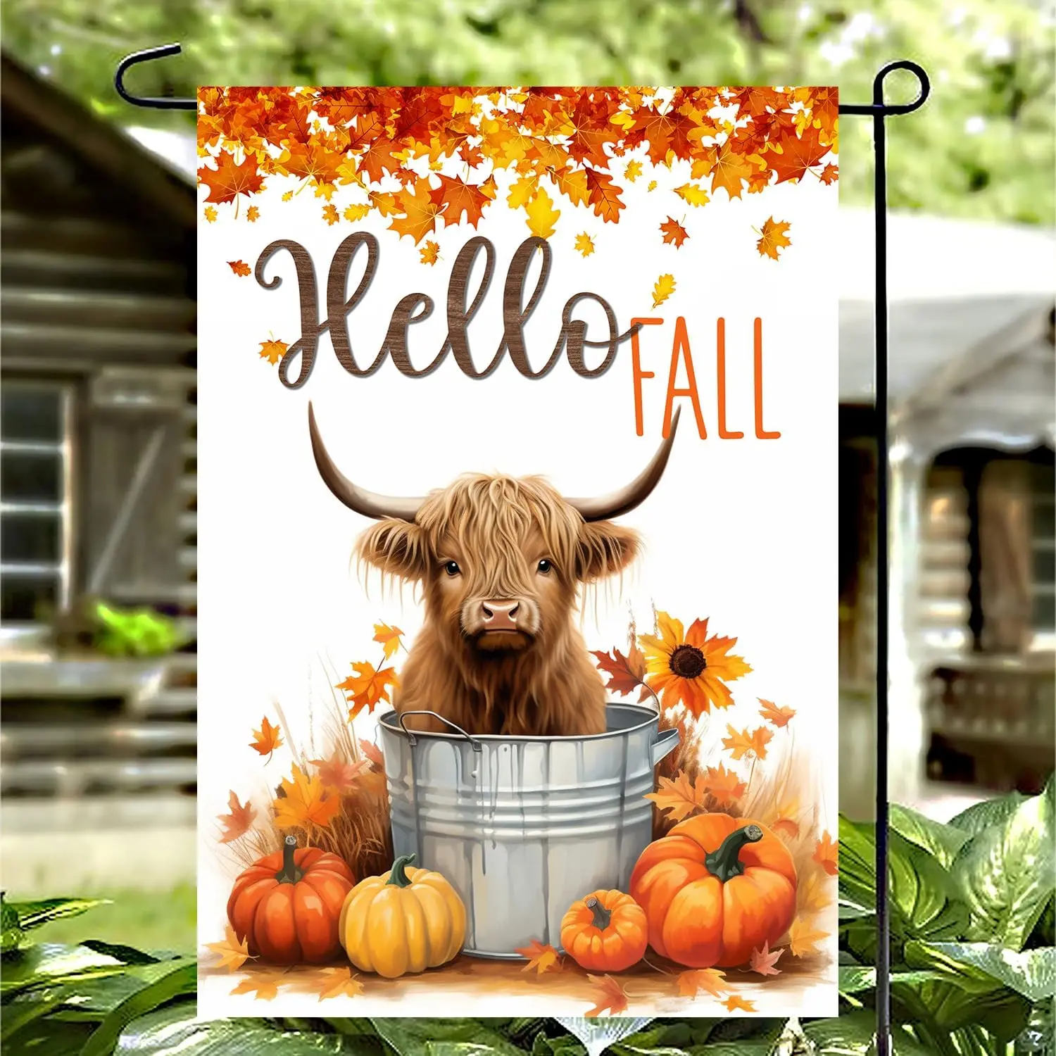 Welcome Fall Garden Flag Highland Cow Wildflowers Yard Flag Double Sided Vertical 1 set 12x18 Inch, 28x40 inch, Thanksgiving Pum