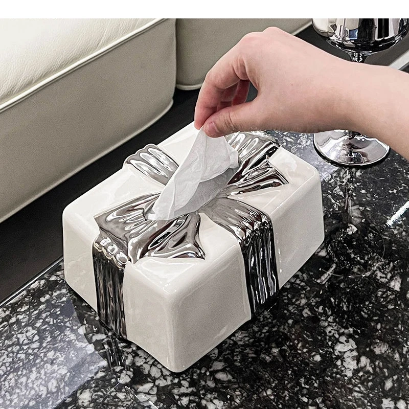 Light Luxury Bowknot Tissue Box Living Room Bathroom Ceramic Decoration Home Art Napkin Storage Gift