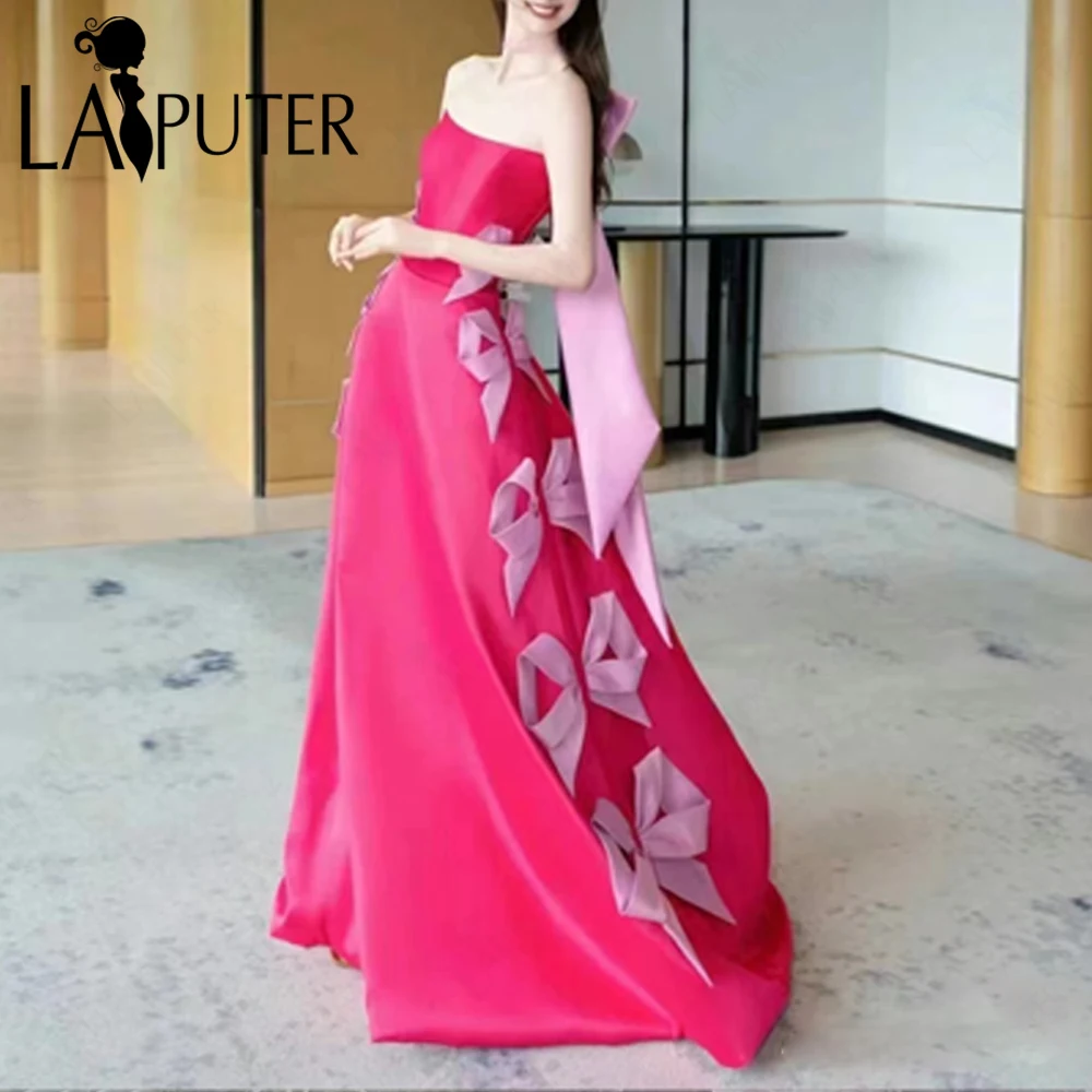 Fuchsia Satin Ballkleider A-Linie Schulterfrei Schleife Knoten Abendkleid Neckholder Band Elegantes Damen-Berühmtheitskleid 2024