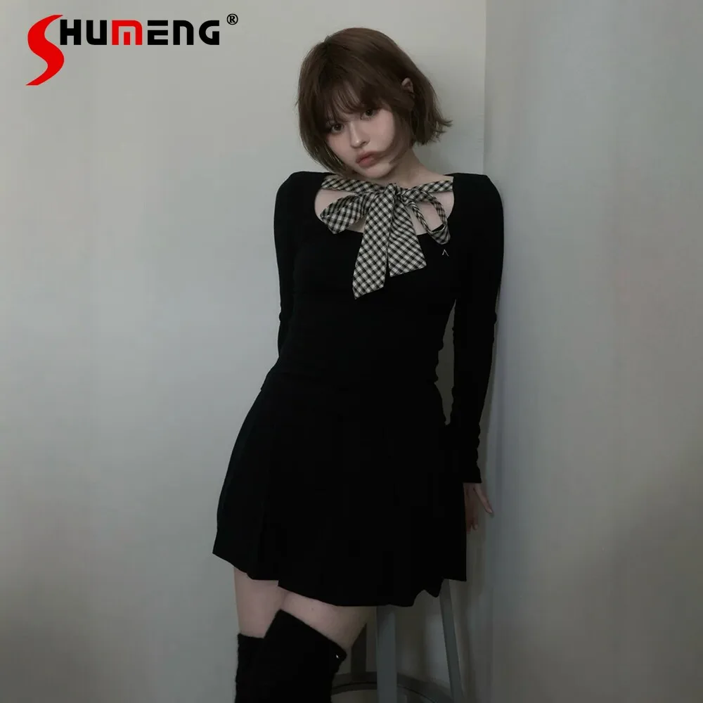 Spring and Summer Women's Black Long-sleeved T-shirt Japanese Style New Clothing Sweet Girl's Bow Lace-up Slim Sweet Elegant Top
