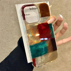 Vortex Pattern Green & Brown Grid Splicing Print Phone Case for IPhone 11 12 13 14 15 16 Pro Max Laser SIlver Shockproof Cover