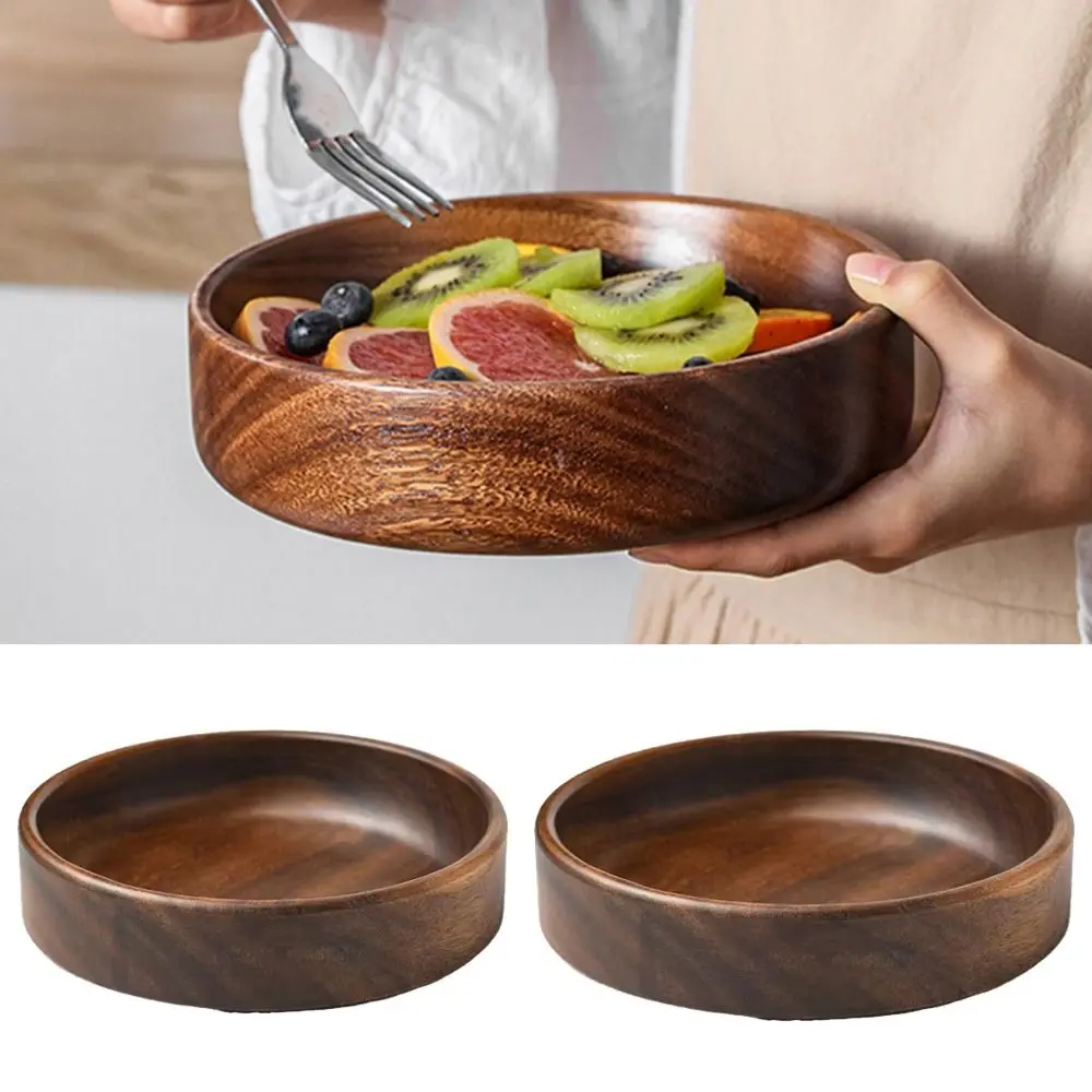 

Vintage Stackable Solid Wood Bowl Handmade Smooth Surface Wooden Salad Plate Round Sturdy Snack Serving Tray Dessert
