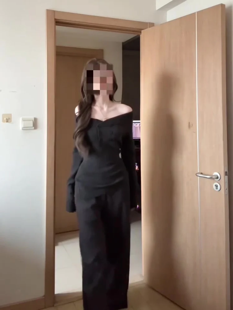 Retro Spicy oulder Bared Long Sve Knitted Sweater Slimming ey Women's Faion Autumn Top Casual Comfortable Inner Wear