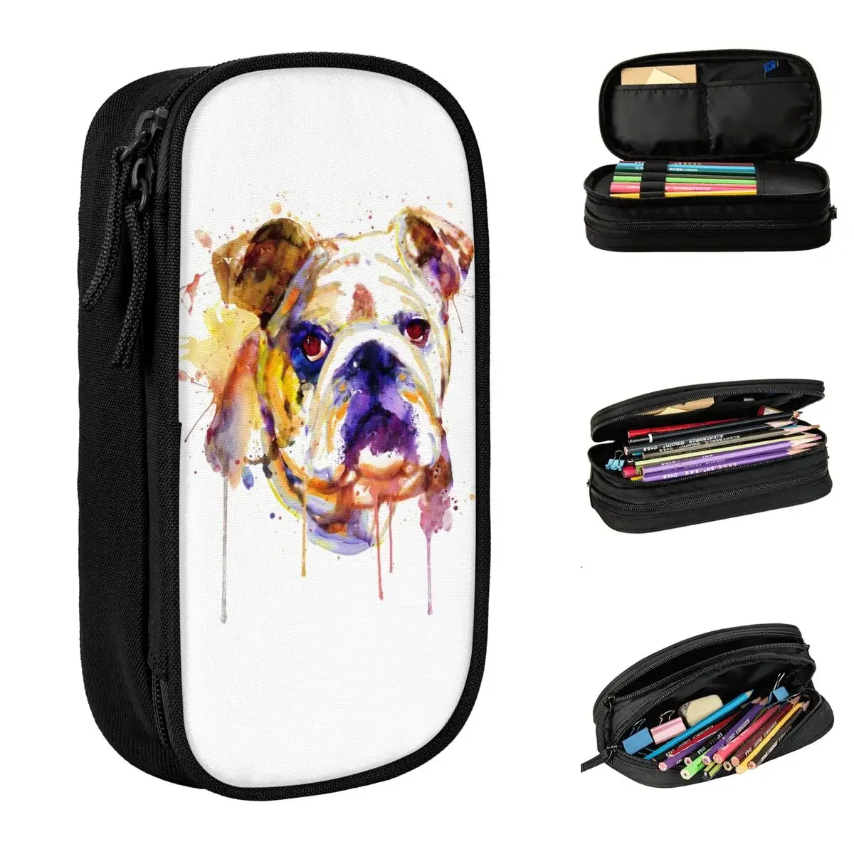 

English Bulldog Head Watercolor Dog Pencil Cases Pencilcases Pen Box for Student Big Capacity Bag Office Zipper Stationery