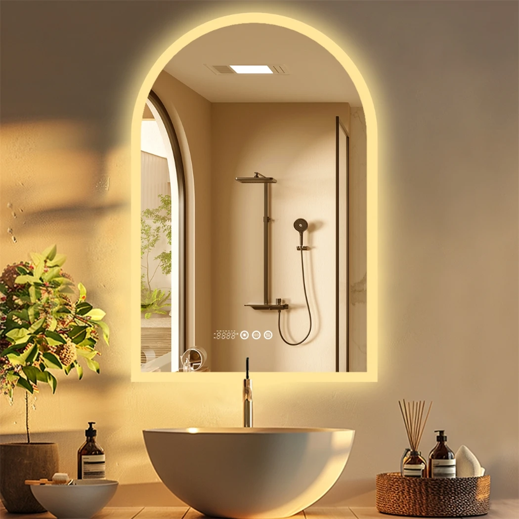 Arched LED Bathroom Mirror 600x900mm Smart Dimmable Wall Lighted Vanity Mirror with Time Temperature Dispaly Anti-fog 3 Colour