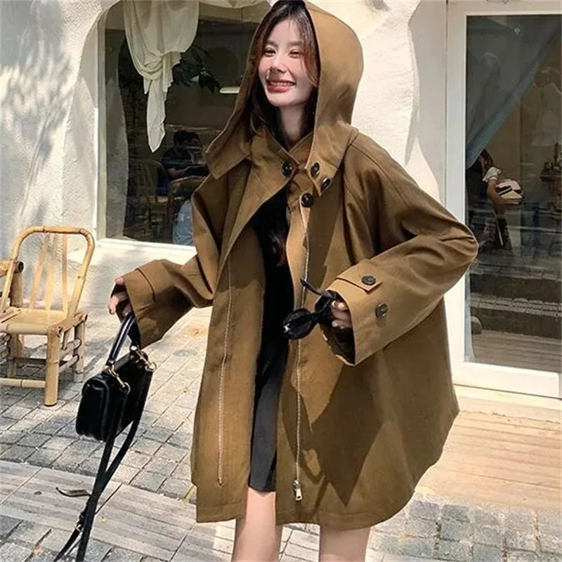 

Уникальная и супер красивая накидка-ветровка, женская весна-осень 202, новая свободная повседневная рабочая одежда с капюшоном, светло-коричневый верблюжий топ