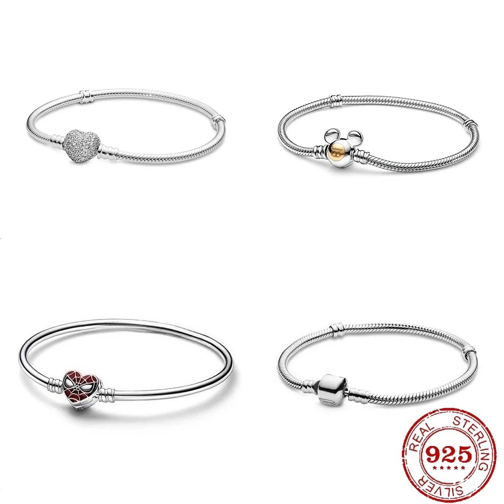 

New Original 925 Sterling Silver DIY Bracelet for Women Charms Bangles, Gold Mickey Bracelets Snake Chain Luxury Jewelry Gifts