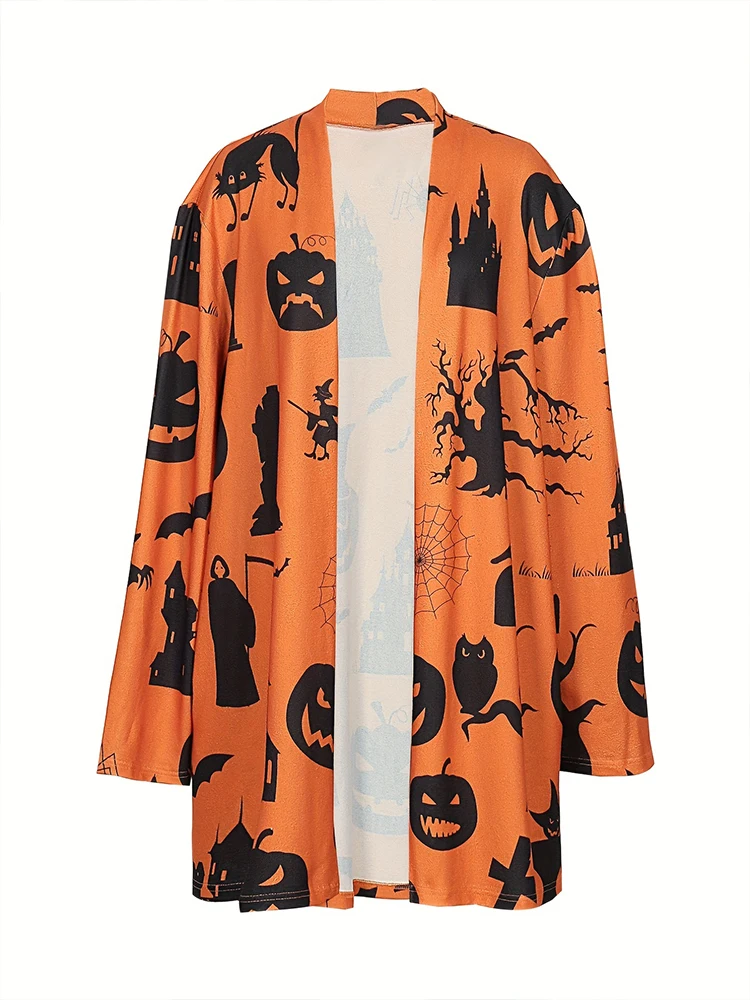 Plus Size Women\'s Halloween Costumes Women\'s Pullover Autumn Pumpkin Graphic Cardigan Open Front Button Sweater Outerwear