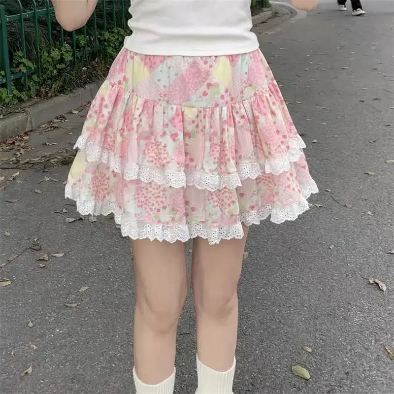 Ruche Fluffy Cutecore Mori Girl Cake Mini Rok Bloemenprint Japanse Stijl Hotsweet Y 2K Rok 2024 Zomer Vintage Koreaanse Rok