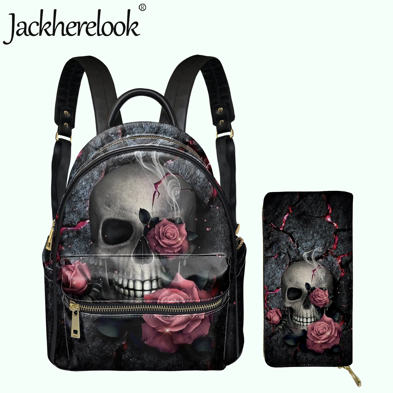 

Jackherelook Floral Skull 3D Printing Ladies Backpack Set PU Leather Mini School Bags for Women Casual 2Pcs Satchel Bag Wallet