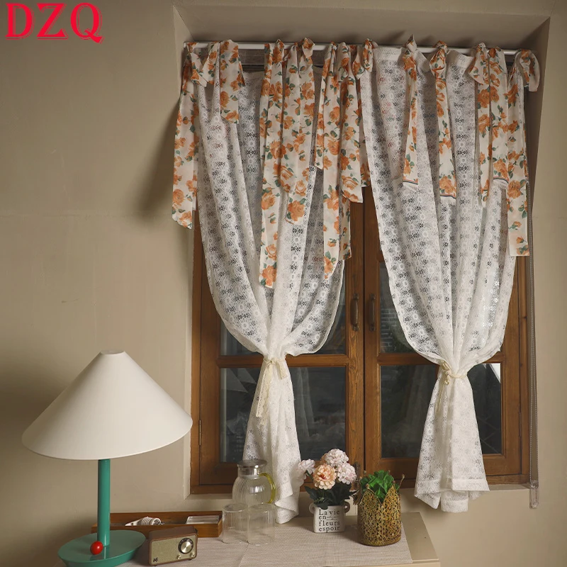 Idyllic Elegant White Hollow Lace Tulle Door Curtain Special Design Rural Tether Lace Gauze Curtains for Kitchen #A252