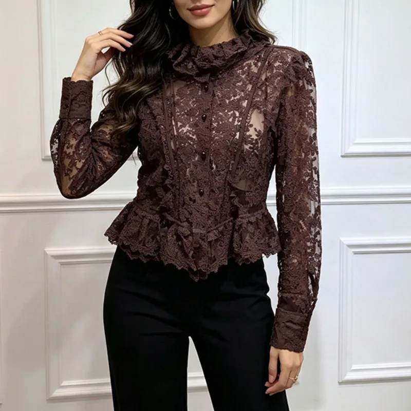 HKSH Women Shirt Sexy Elegant Lace Sheer Stylish Ruffled Collar Patchwork Waist Cinching Solid Color Long Sleeves Blouse HK26655