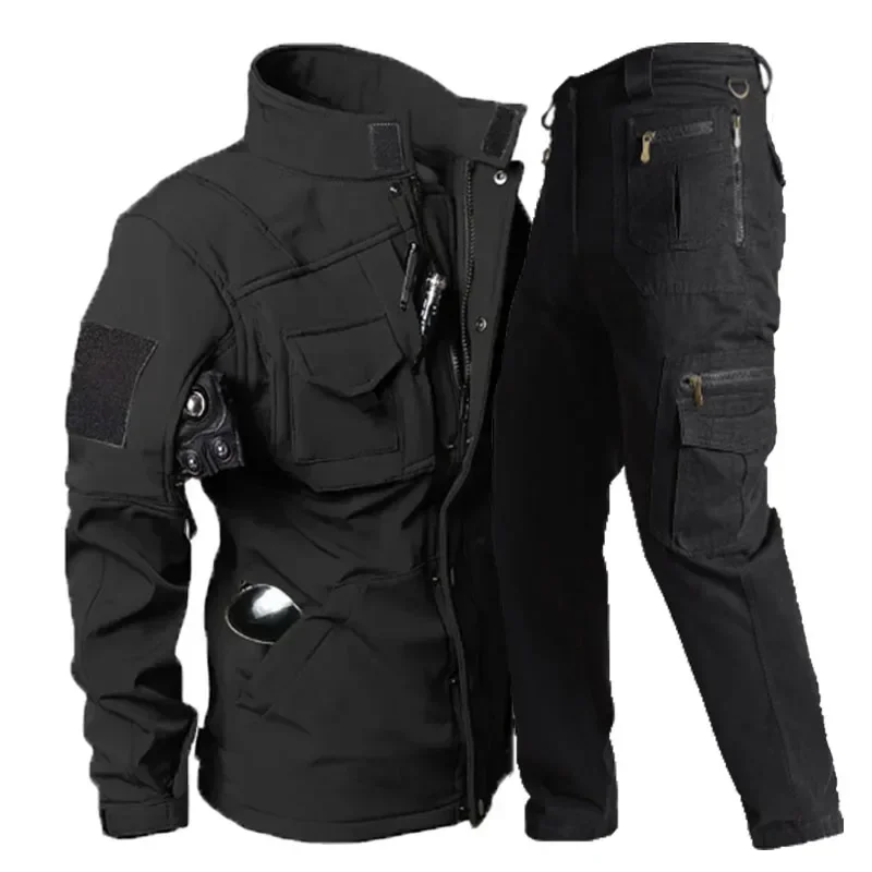 Outdoor Tactical Sets Men\'s Waterproof Windproof Soft Shell Jackets +cotton Multiple Pockets Pants Suit Casual Plus Size Suits