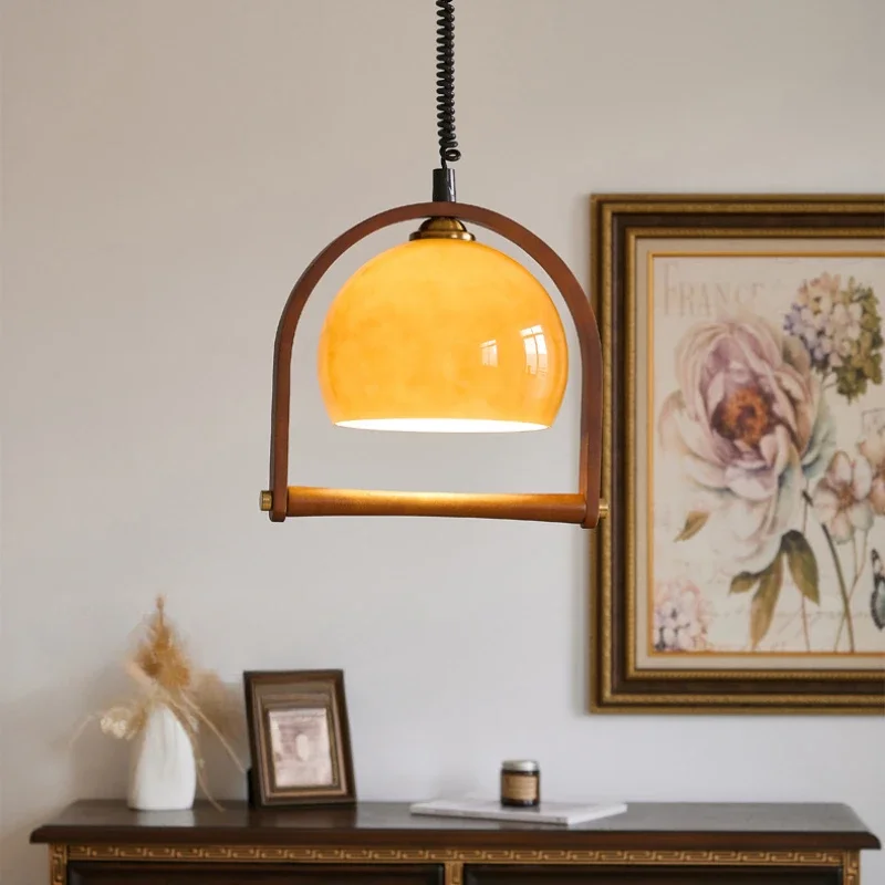 

SANDYHA Retro Japanese Pendant Light Solid Wood Chandelier with Glass Lampshade Adjustable LED for Restaurant Bedroom Home