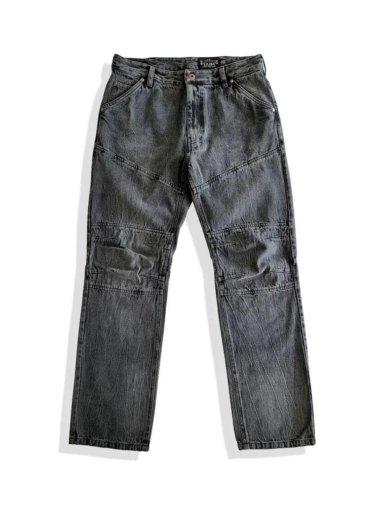 Amekaji Style Retro Black Gray Straight Leg Jeans Men three-dimensional Cut Discharge Dye Wash Good Quality Pants