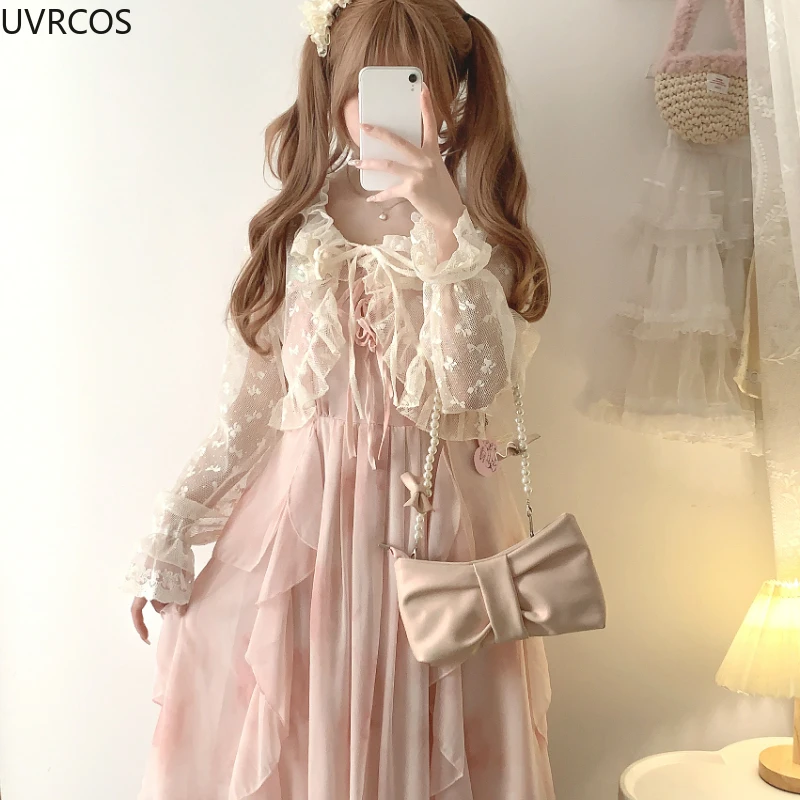 Kawaii Cute Lolita Style Short Cardigan Women Sweet Lace Bow Ruffles Lace-ups Chiffon Coat Korean Fashion Casual Loose Crop Tops