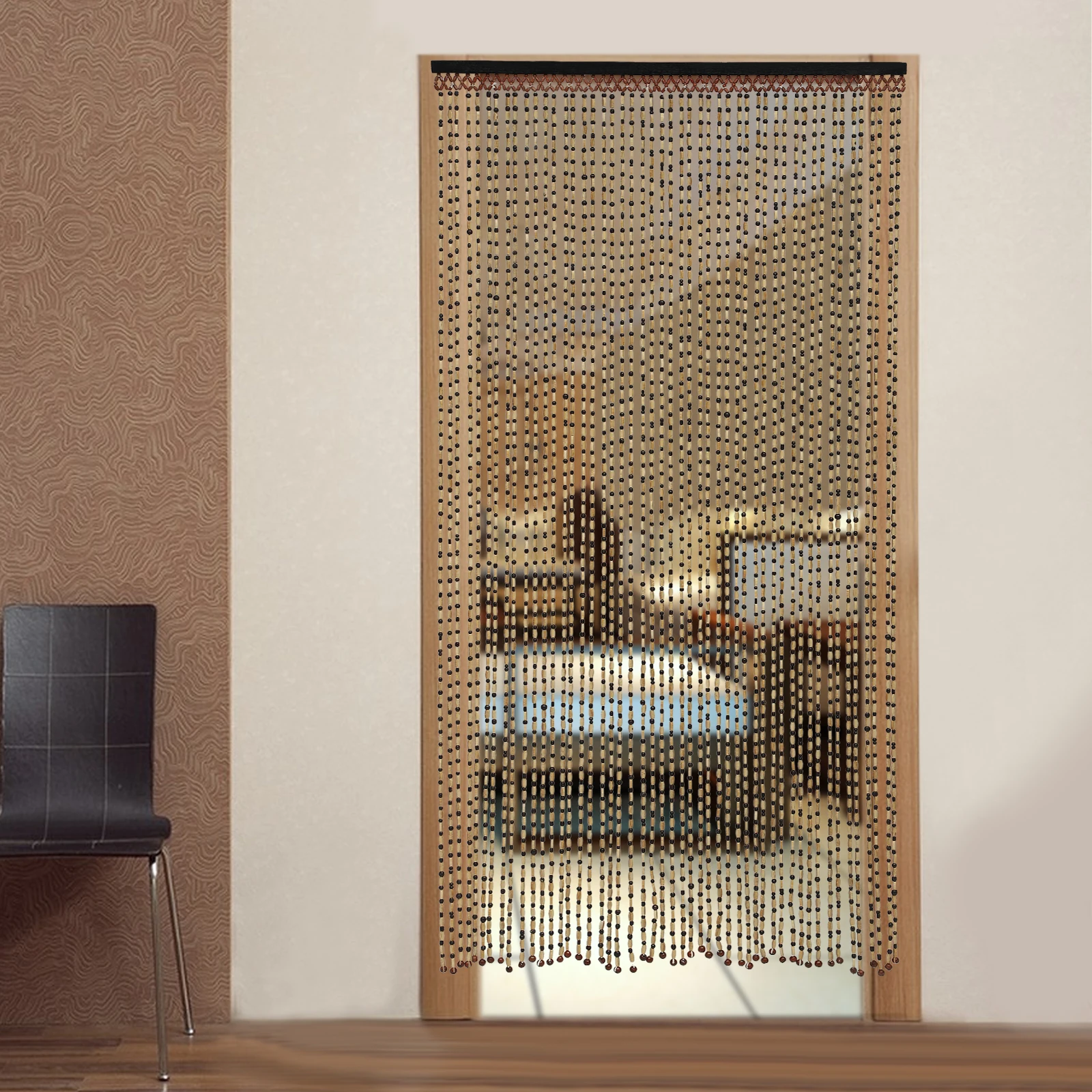 Cortina con cuentas de madera natural y bambú, 49 hebras, 74,8 pulgadas, diseño liso, cuentas de puerta de bambú y madera, cortina bohemia Bohemia