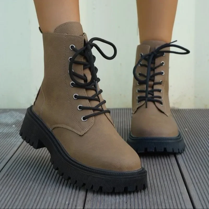 Ladies Shoes 2023 Hot Sale Lace Up Women's Boots Winter Round Toe Solid Middle Tube Chunky Heel Large Size Fashion Boots Zapatos