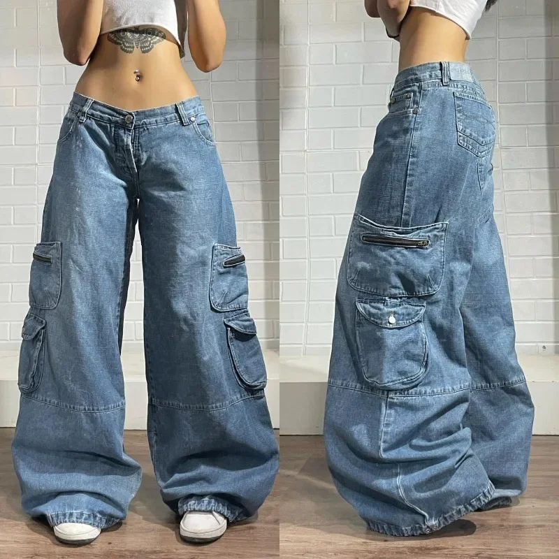 Y2K Harajuku Street Vintage Multi-pocket Jeans Washed Heavy Duty Baggy Jeans Women Fashion Gothic High Waist Wide Leg Trousers