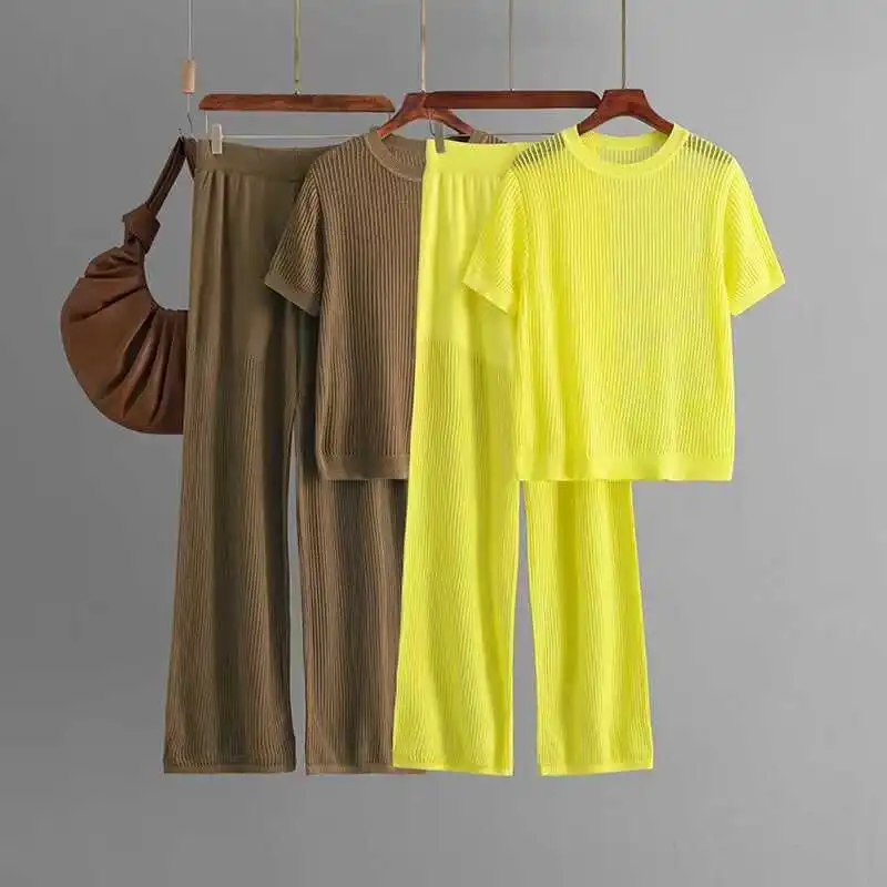 

Summer Loose Knitted Hollow out Top And Pants Set Long Sve round Ne Casual Faion Women's Two-Piece Suit Comfortable Fit