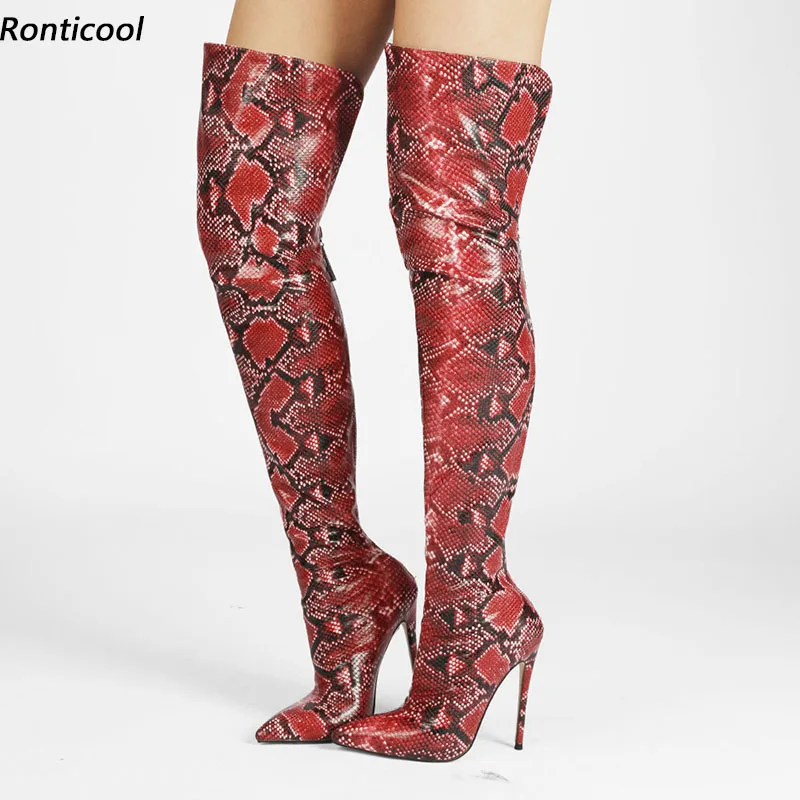 

Ronticool Stylish Women Winter Over The Knee Boots Snake Sexy Stiletto Heel Pointed Toe Red Green Brown Party Shoes Us Size 5-15