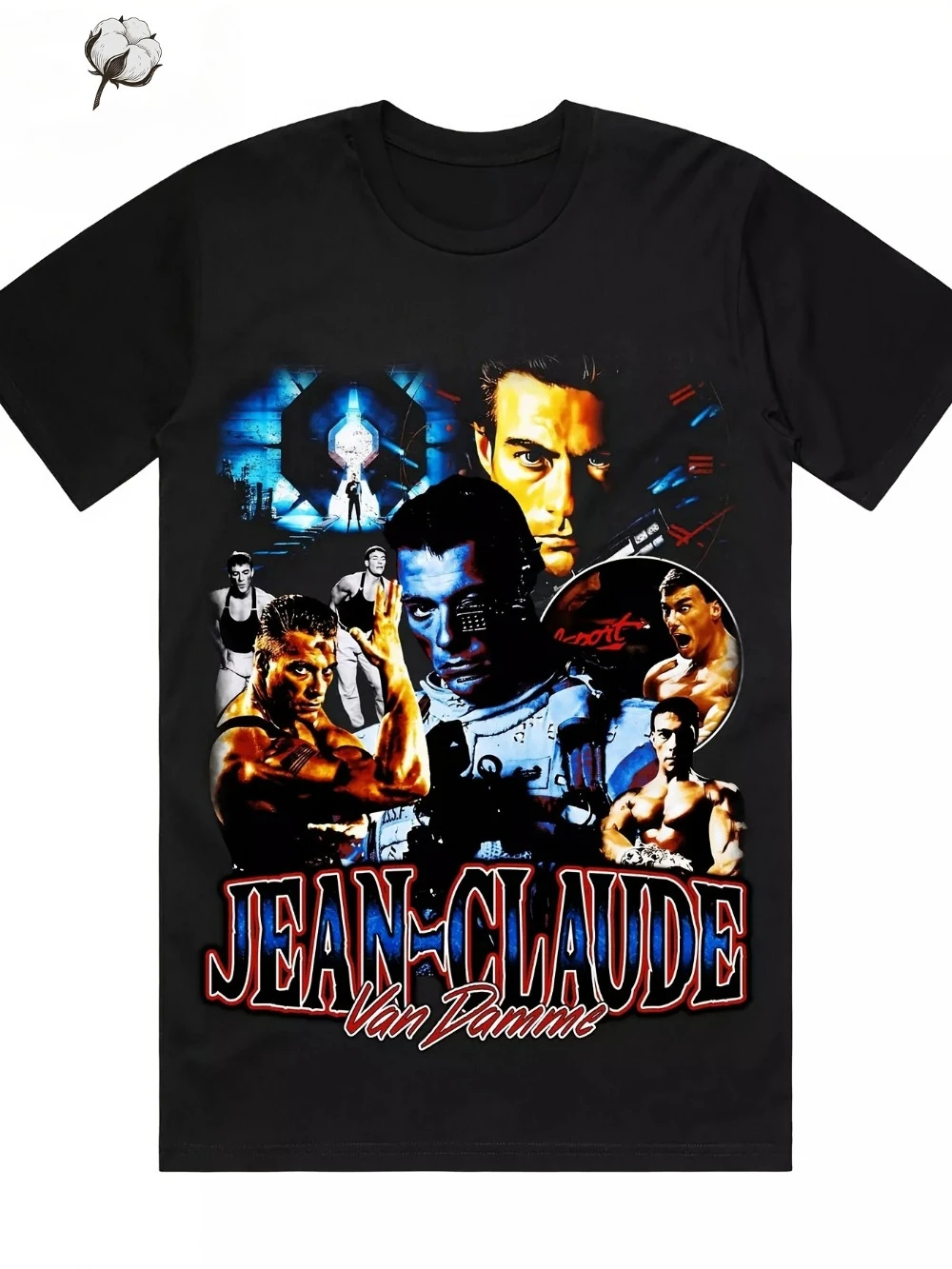 Men'S Heavyweight 230Gsm T-Shirt Featuring A Graphic Print of Jean-Claude Van Damme Black Comfortable Fit Short Sleeves