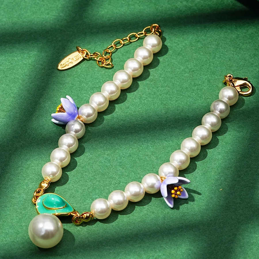 Summer Holiday Bohemia Style Light Luxury Fashion High-end Enamel Glaze Violet Flower Green Hat Glass Pearl Bracelet for Women