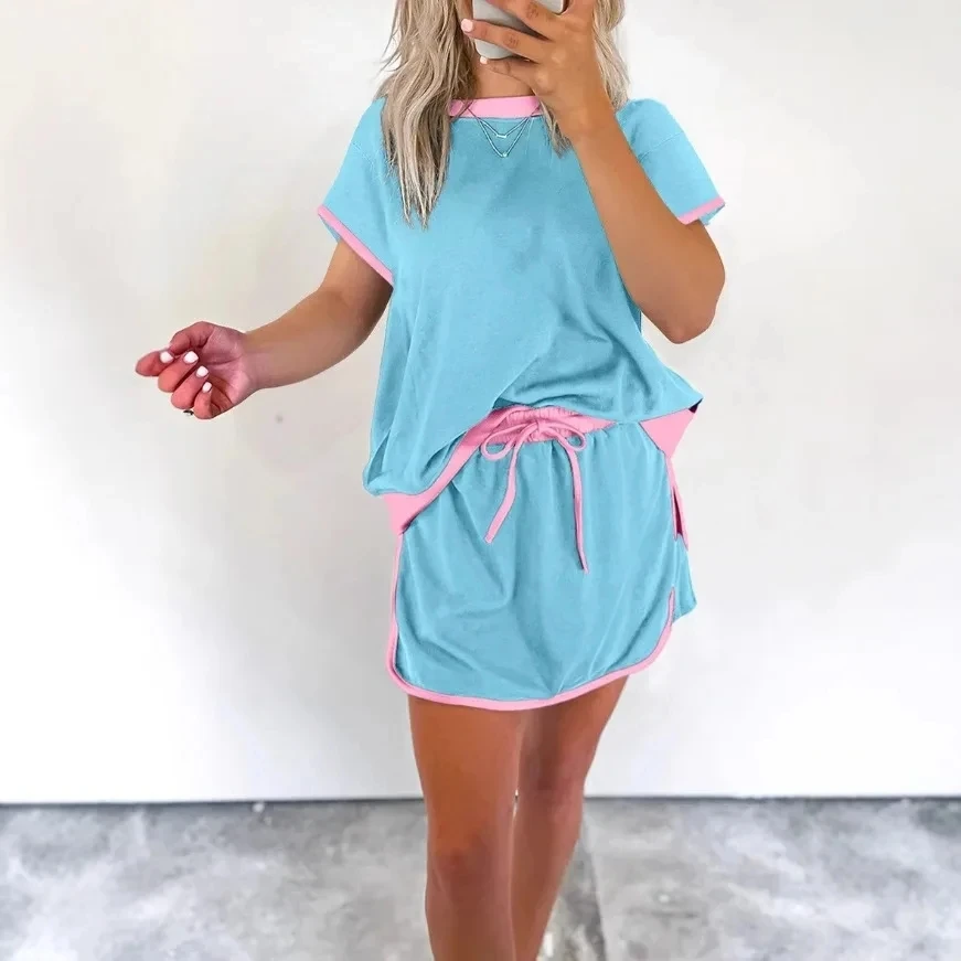 

2026 Women's Casual Resort Two-Piece Set: Round-Neck Short Sleeve Crewneck Loose T-Shirt Top with Drawstring High-Waisted Shorts
