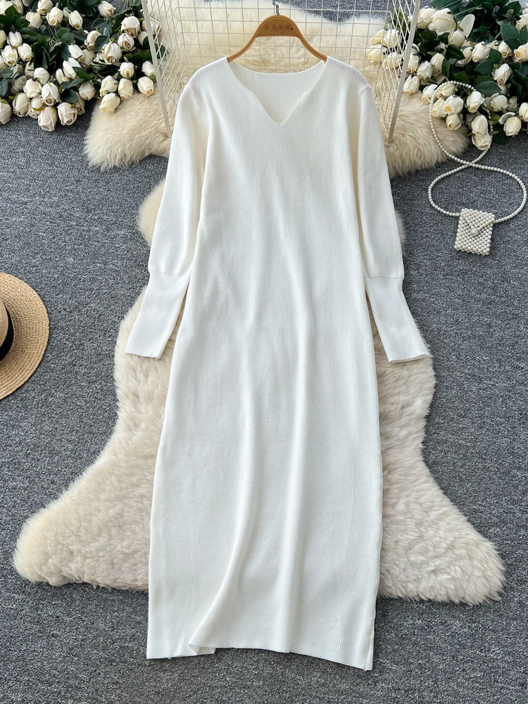 

Длинное платье-свитер женское, осень-зима 2022, новое вязаное свободное женское платье с v-образным вырезом, кашемировое платье, элегантное платье в корейском стиле