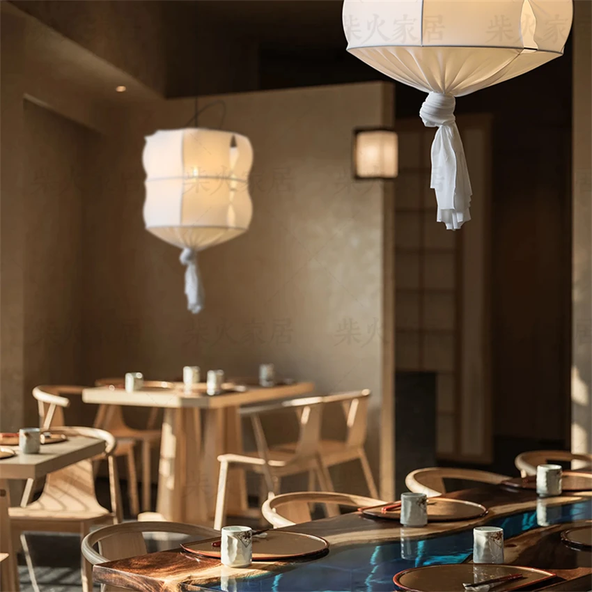Dining room cloth cover handmade lantern pendant lights wabi-sabi style dining table living room Japanese retro Zen pendant lamp