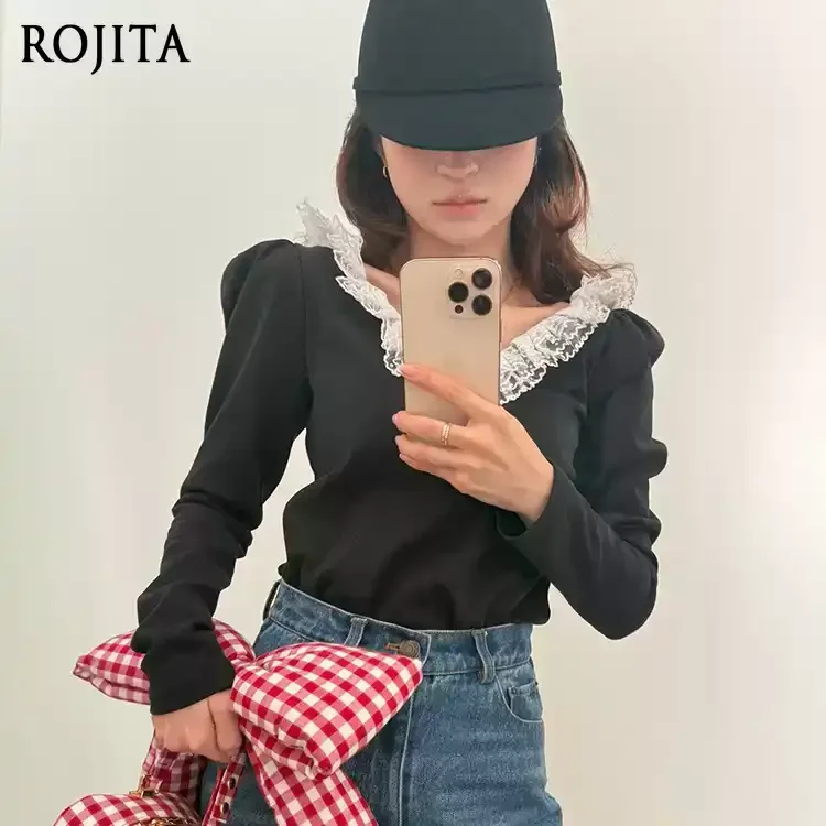 2026 New Women Japanese-style Chic Sweet V-neck Tiered Lace Ruffle Bubble Sleeve Bodysuit T-shirt Slim-fit Long Sleeve Tshirt