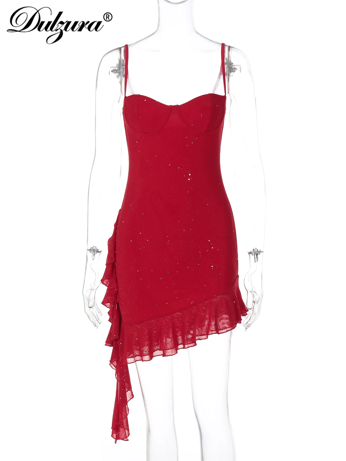 Dulzura ノースリーブ バックレス ボディコン 不規則なメッシュ パッチワーク ブリンブリン フリル キャミ ミニ ドレス セクシー エレガント ショート ドレス パーティー クラブ