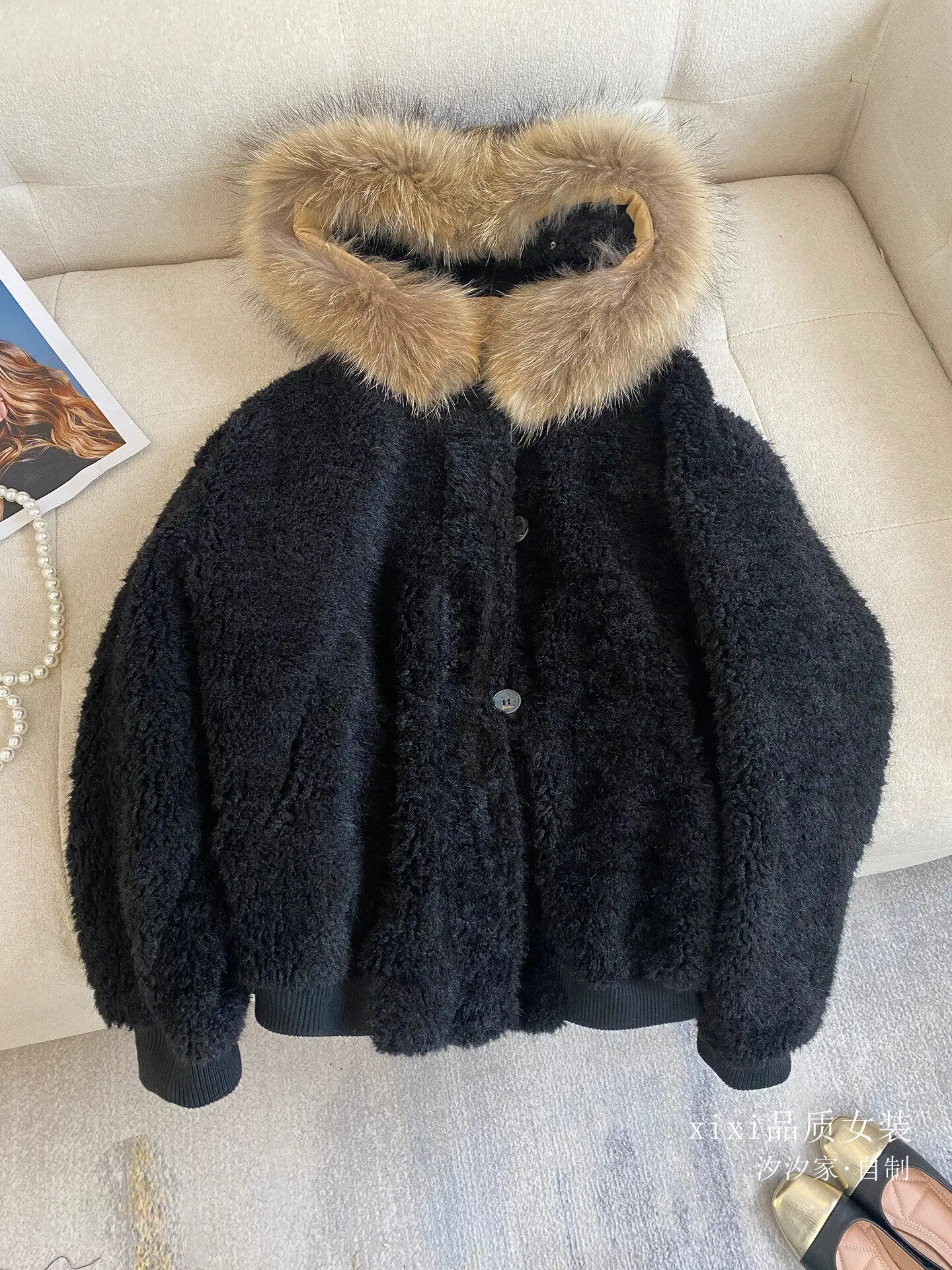 New Raccoon fur collar, lamb fur jacket, smooth plush, warm and thick top Coats