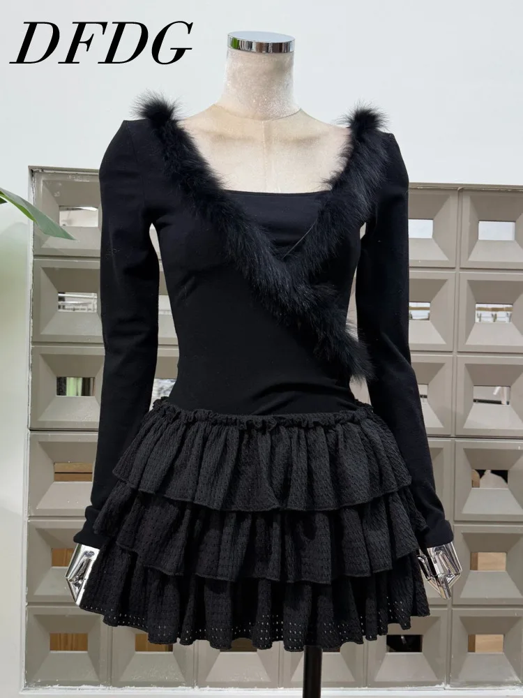 

DFDG Women’s 2025 Spring Summer Two Piece Set Feather Lace V-Neck Top Fluffy Trim Tiered Skirt Cinched Waist Designer Outfit Set