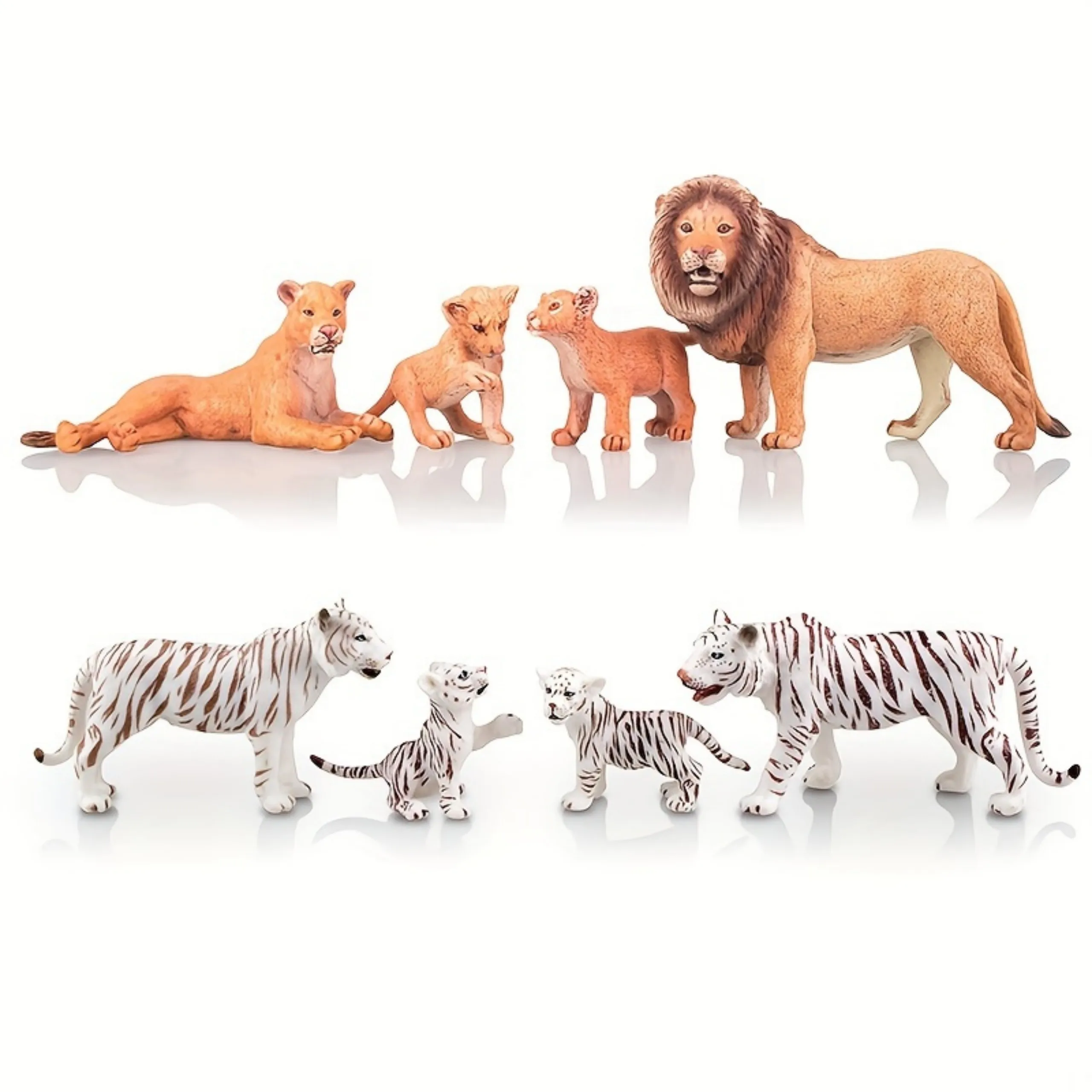 4 PCS Realistic Lions,White Tigers Figurines,Jungle Animals Figures Family Set Includes Baby Lions, Tiger,Educational Toys