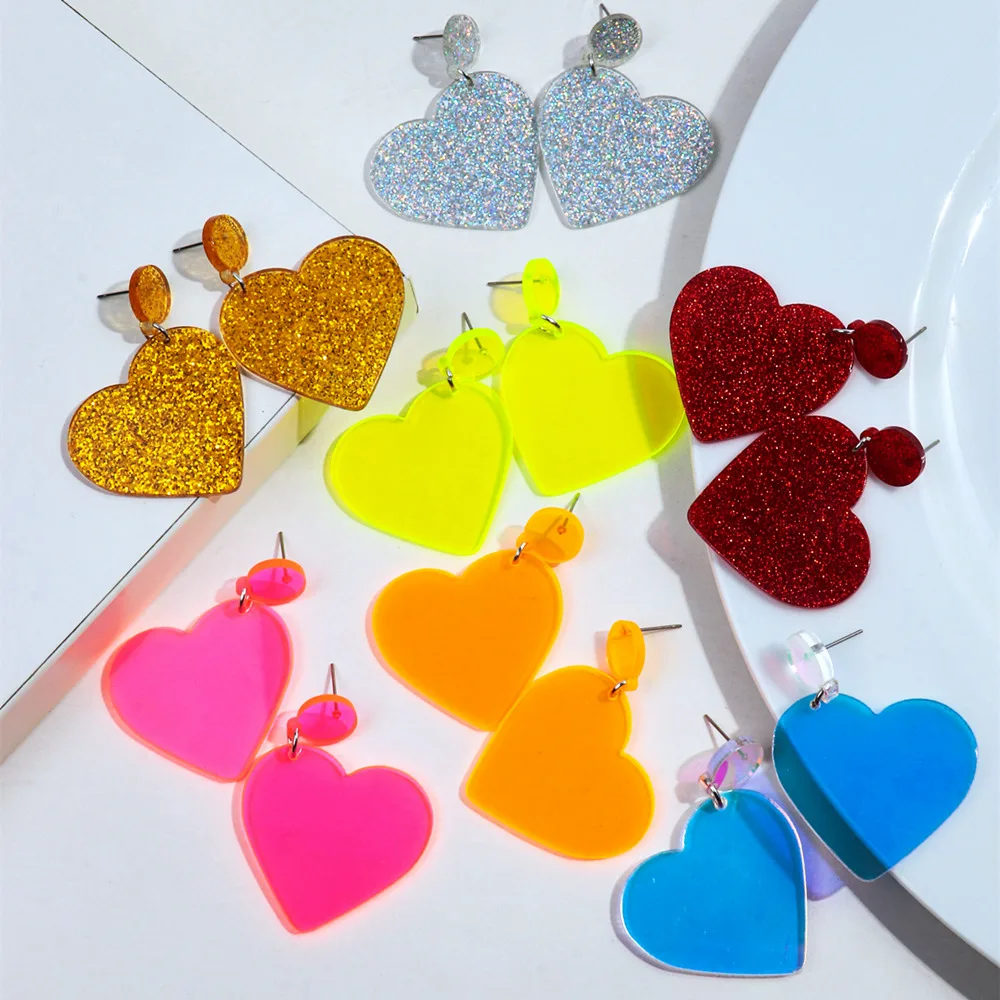 FishSheep Glitter Acrylic Love Heart Drop Earring for Women Girls Valentine\'s Day Neon Color Heart Shape Earrings Jewelry Gifts