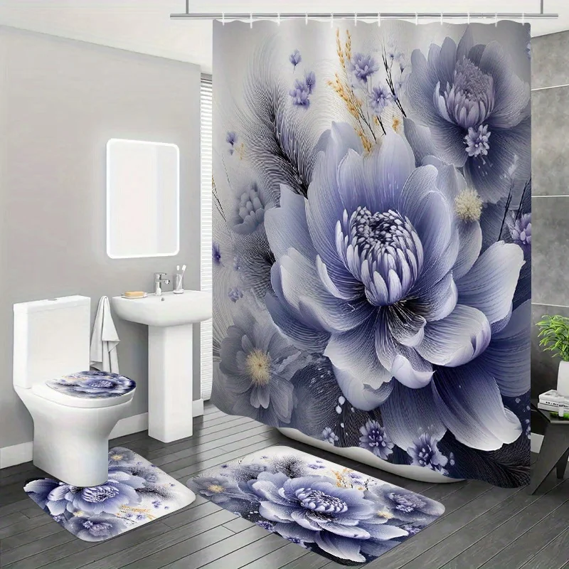 4pc Bathroom décor featuring a gold ginkgo leaf pattern, including a shower curtain non-slip mat toilet seat cover U-shaped mat