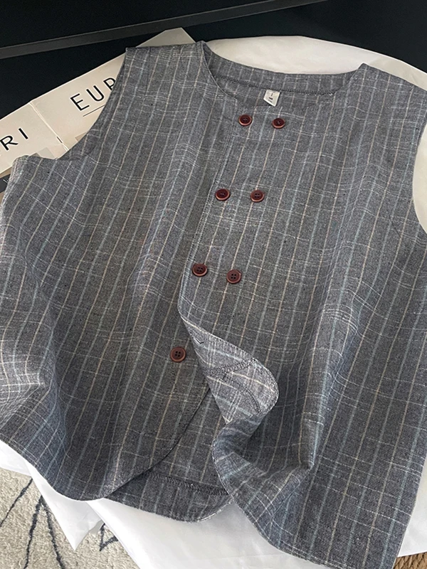 

Корейский стильный жилет-костюм для женщин: свободный крой, стройнящий эффект, льняной, в полоску, повседневная верхняя одежда для работы и отдыха