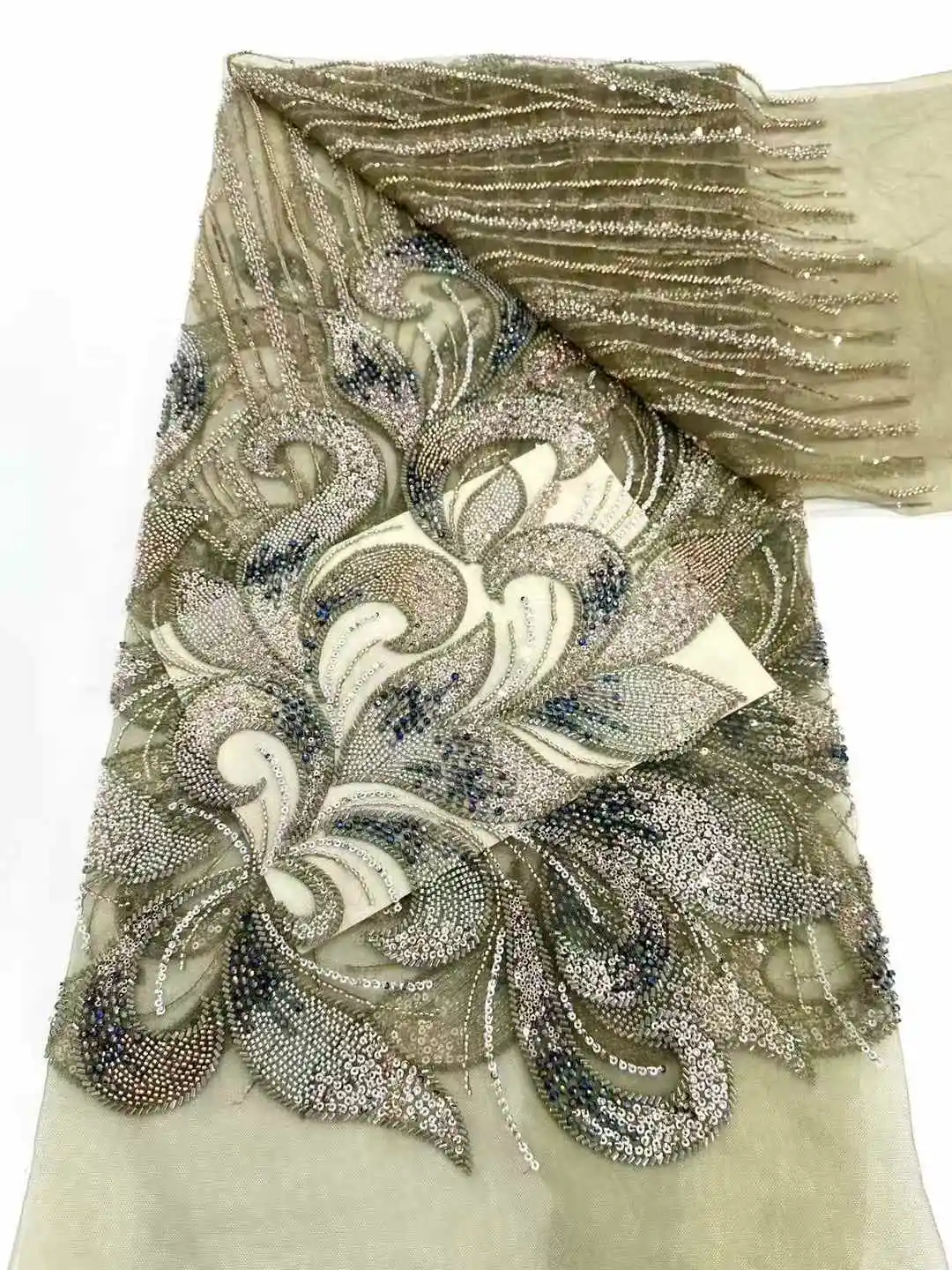

African Lace Fabric 2025 High Quality French 3D Flower Peach Sequins Embroidery Beads Tulle Lace Fabric For Party Dress 5 Yards
