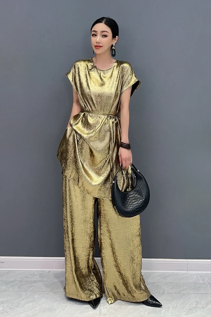 2024 Autumn New Elegant Women Set Chinese Style Short Sleeve Top Wide Leg Pants Fashion Two piece Set