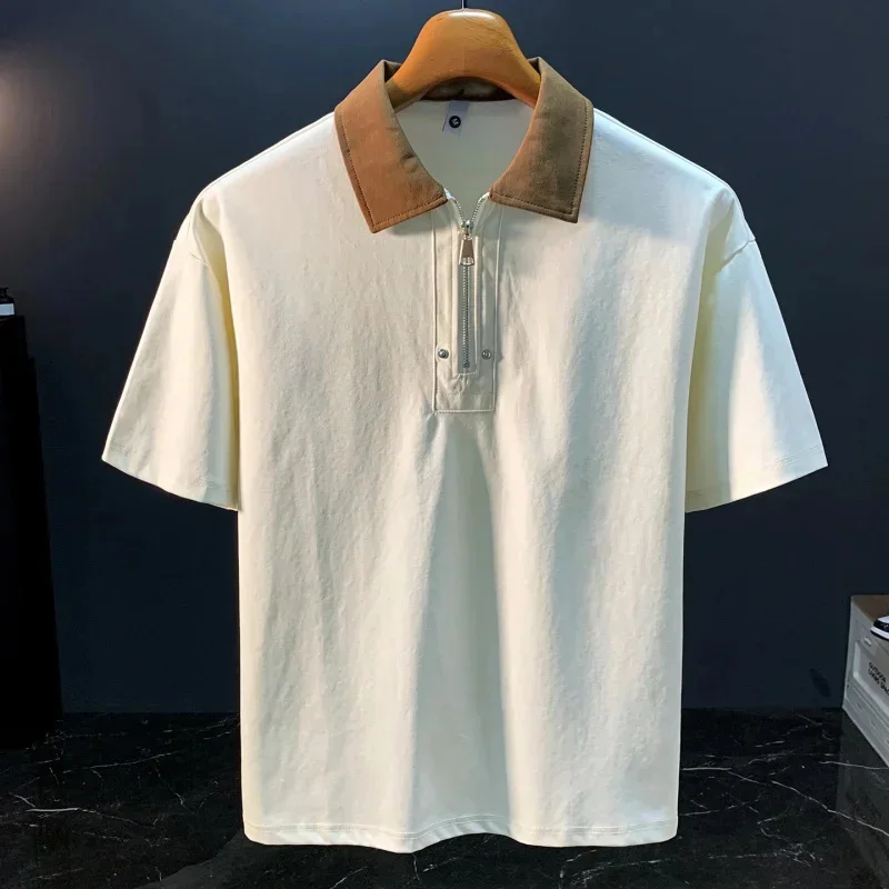 

Рубашка-поло с цветными лацканами, мужская футболка с короткими рукавами, модная брендовая тонкая свободная молния, повседневный топ в Корейском стиле