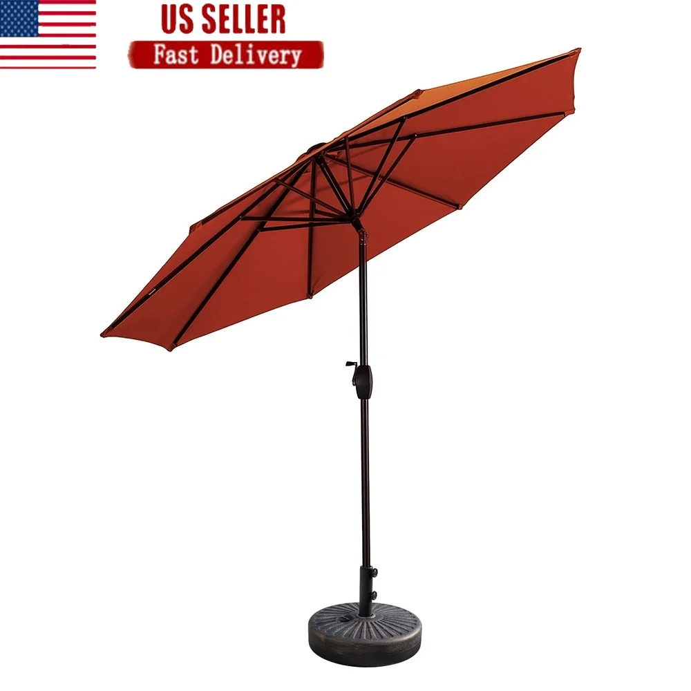 

9 Ft Patio Umbrella with Bronze Base Crank Lift Waterproof UV Block Polyester Canopy Outdoor Garden Poolside Backyard