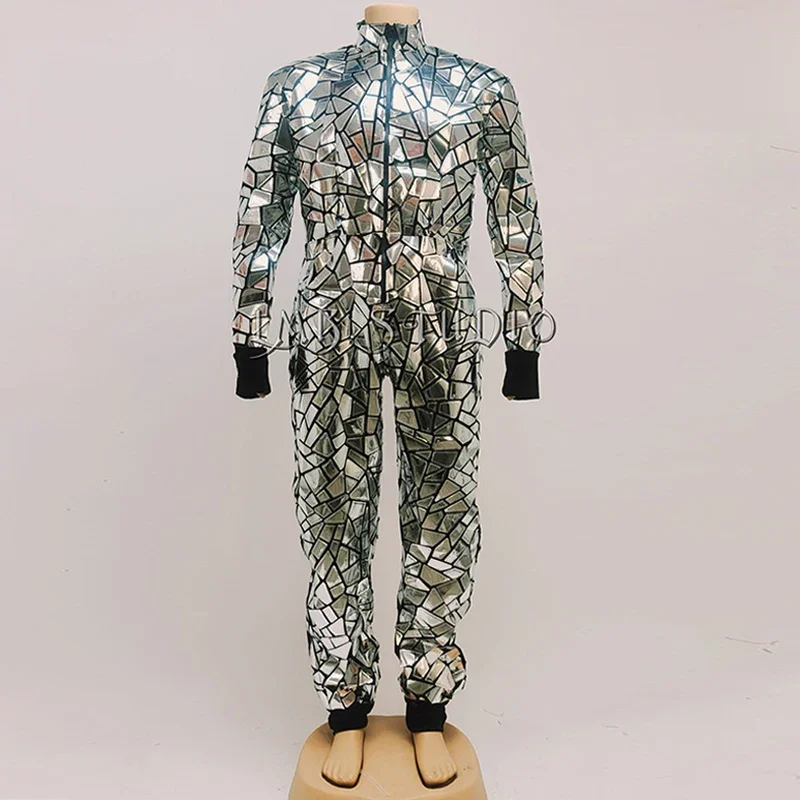 

Male Gogo Party Show Clothing Adult Hip Hop Dance Outfit Muscle Man Mirror Laser Stage Costume Silver Jazz Dance Jumpsuit
