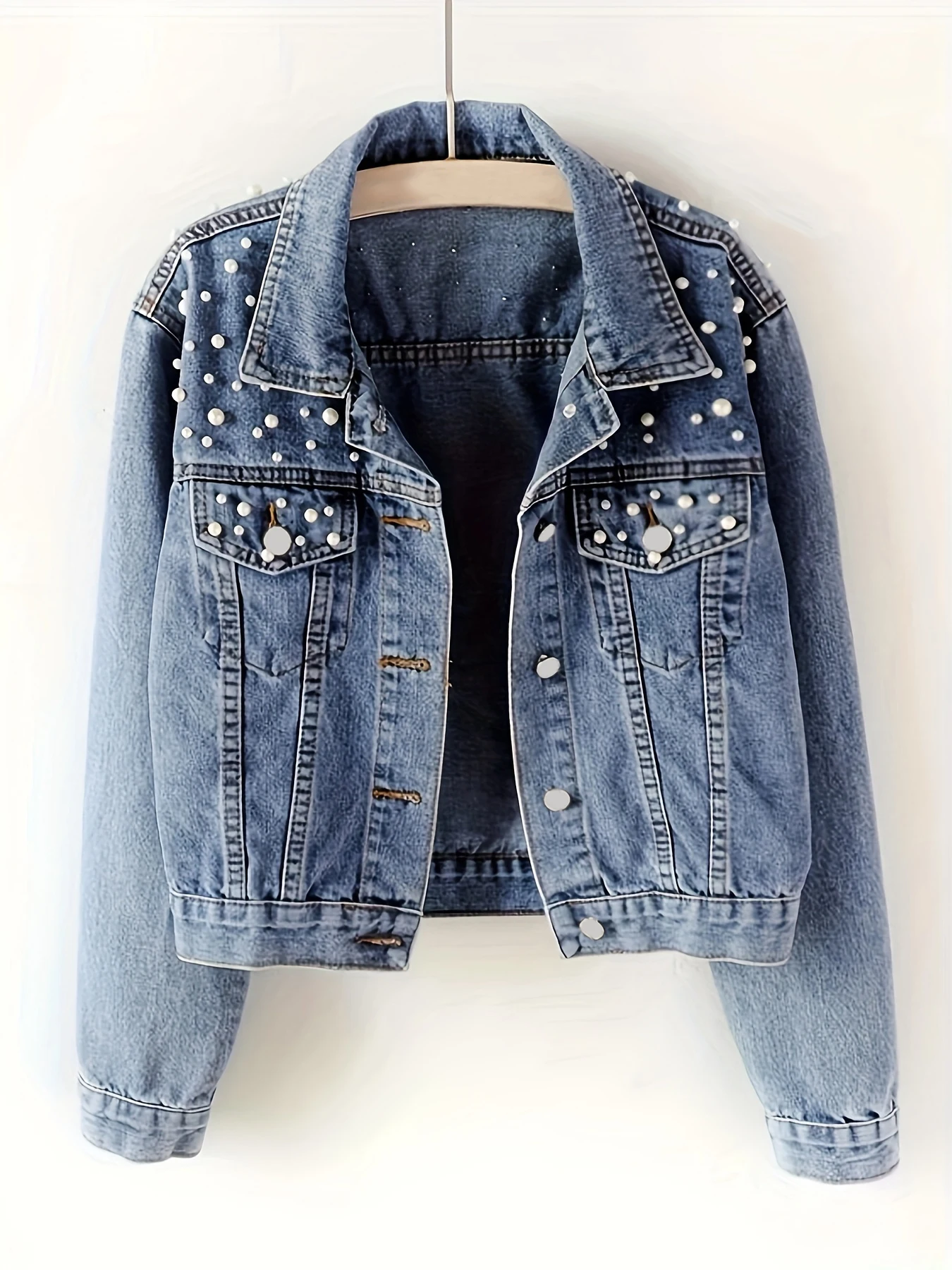 

25AW Pearl - Decorated Women's Plus - Size Stretch Denim Jackets. Fashionable and Casual. Pearl - Decorated. Denim Coats.