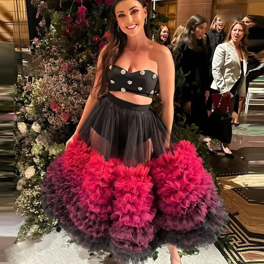 

Тюлевая вечерняя юбка градиентного цвета для женщин, многоуровневая прозрачная юбка до середины икры с оборками, женская макси-юбка для невесты, вечерние юбки с рюшами