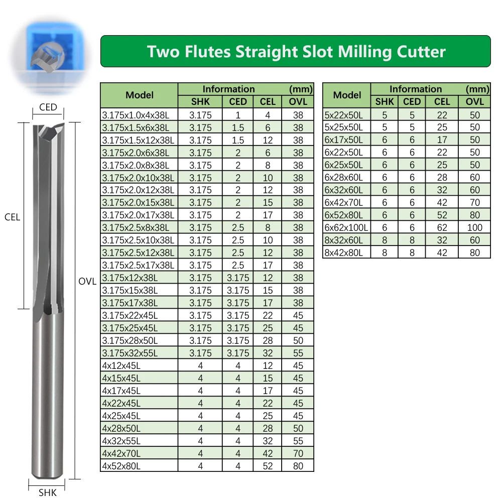 10pcs 3.175/4/6/8/10mm Straight Slot Milling Cutter Carbide Two Flutes Parallel End Mill CNC Milling  Bit Woodworking Tools